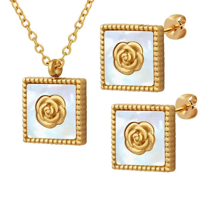 White Sea Shell Inlay Rose Square Pendant Necklace Earring Set